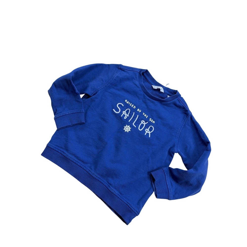 Mango Kids Blue Sailor Graphic Sweatshirt Raised by the Sea Pullover Size 110cm